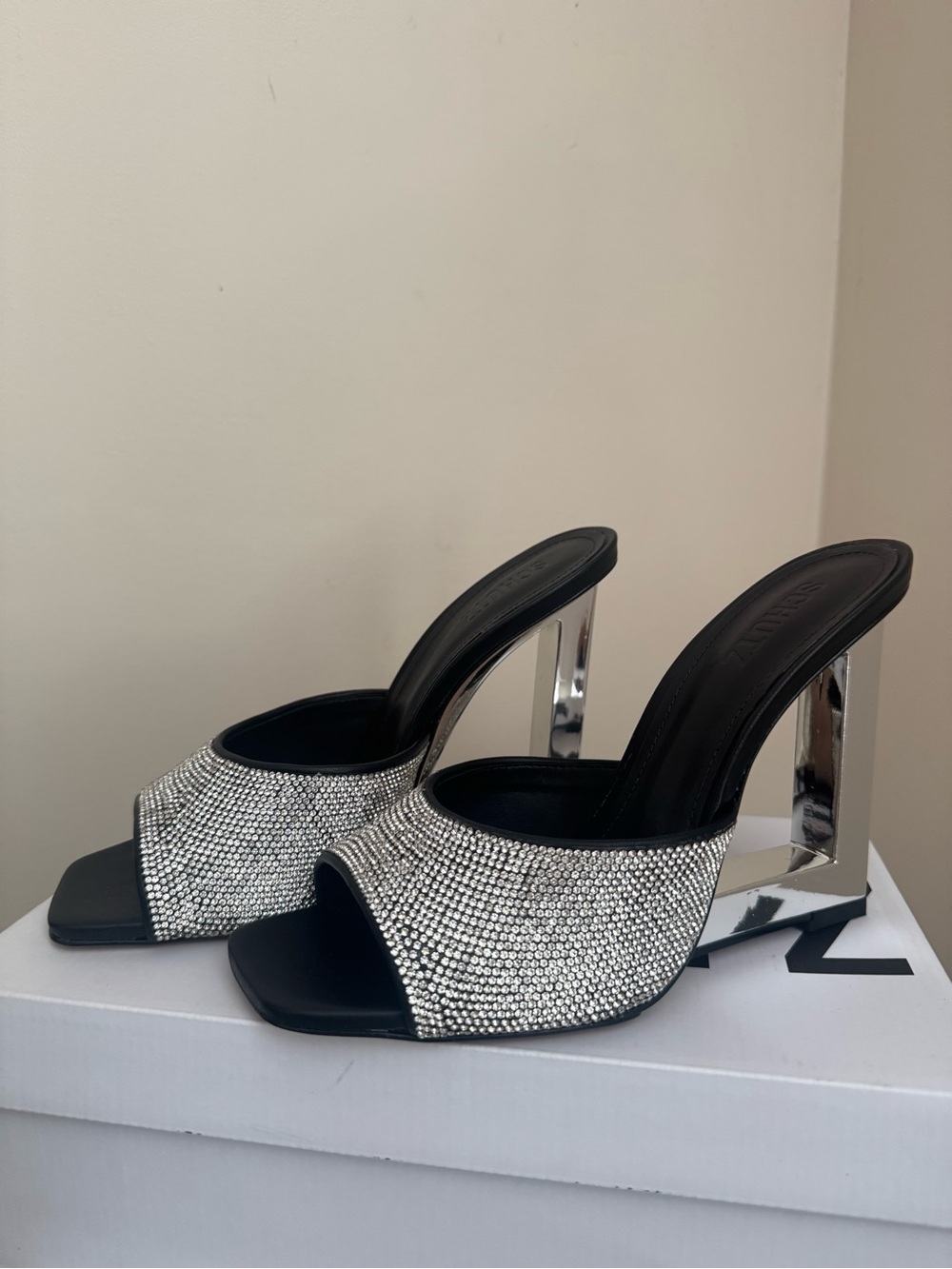SCHUTZ Filipa Glam Mule Women’s Size 9.5 Black Silver Rhinestone Wedge Heels NIB